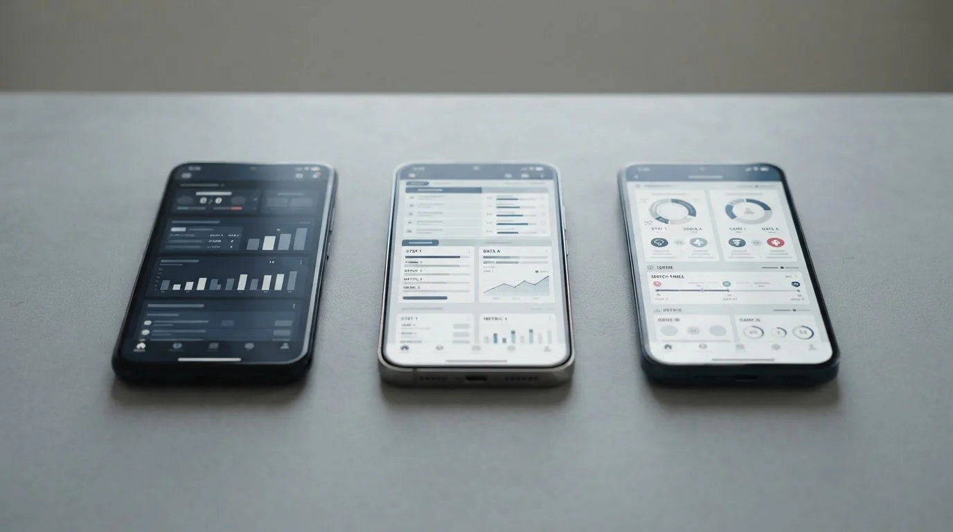 Mehrere Smartphones nebeneinander mit verschiedenen App-Interfaces im Vergleichstest