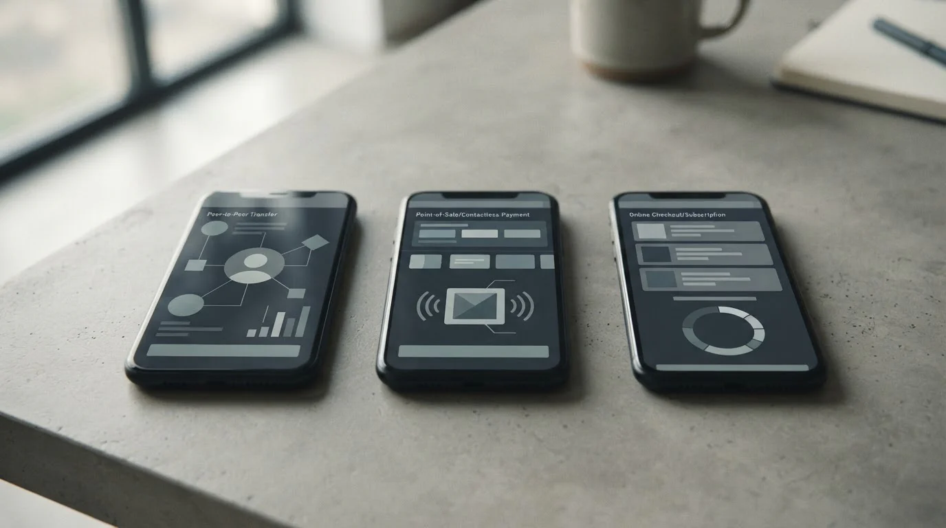 Drei Smartphones nebeneinander zeigen abstrakte Zahlungsschnittstellen im Vergleich