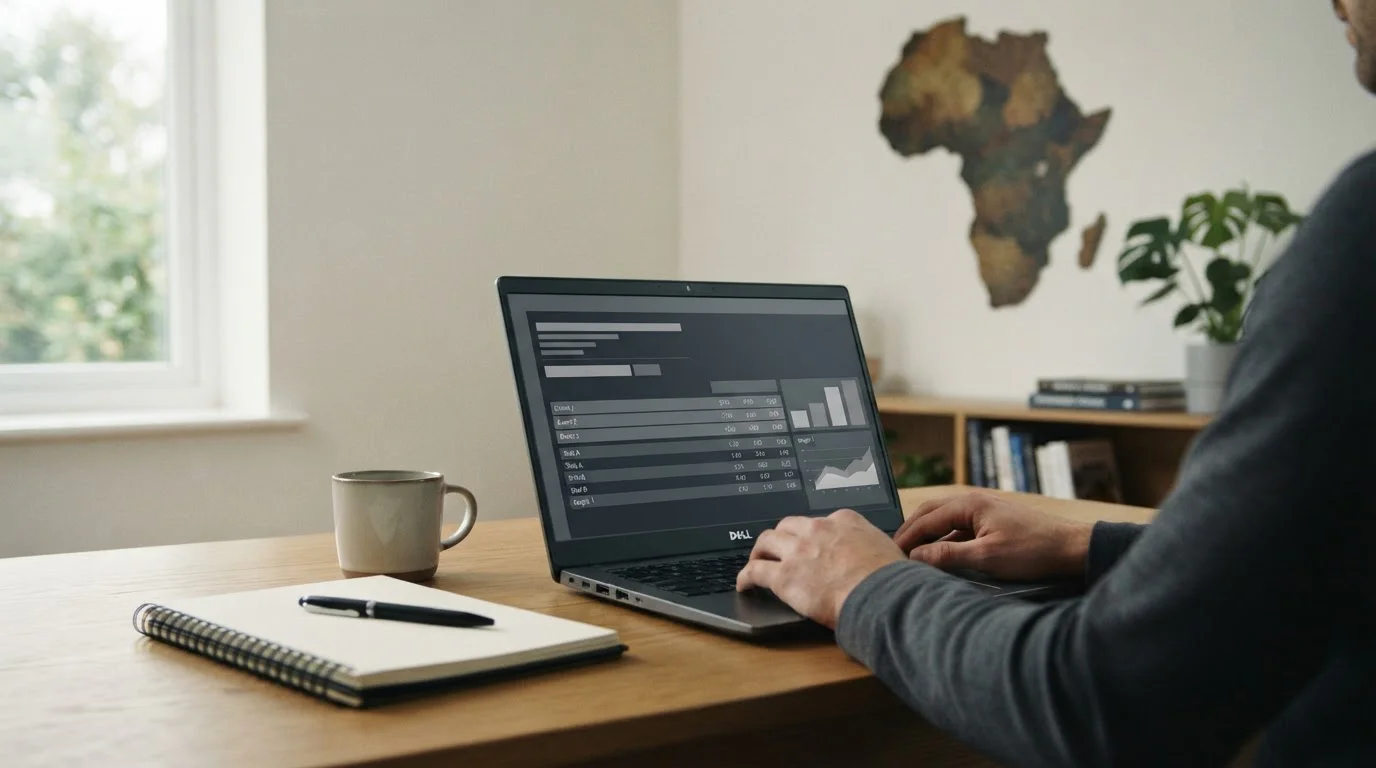 Laptop mit neutraler Wettplattform und Afrika-Cup-Thema auf modernem Schreibtisch