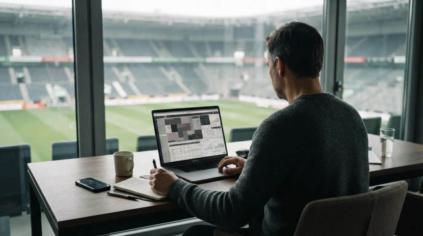 Person analysiert Bundesliga-Wettquoten auf Laptop im Stadionumfeld