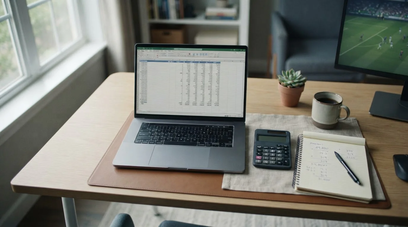 Arbeitsplatz mit Laptop und Taschenrechner für Wettquoten-Vergleich Serie A
