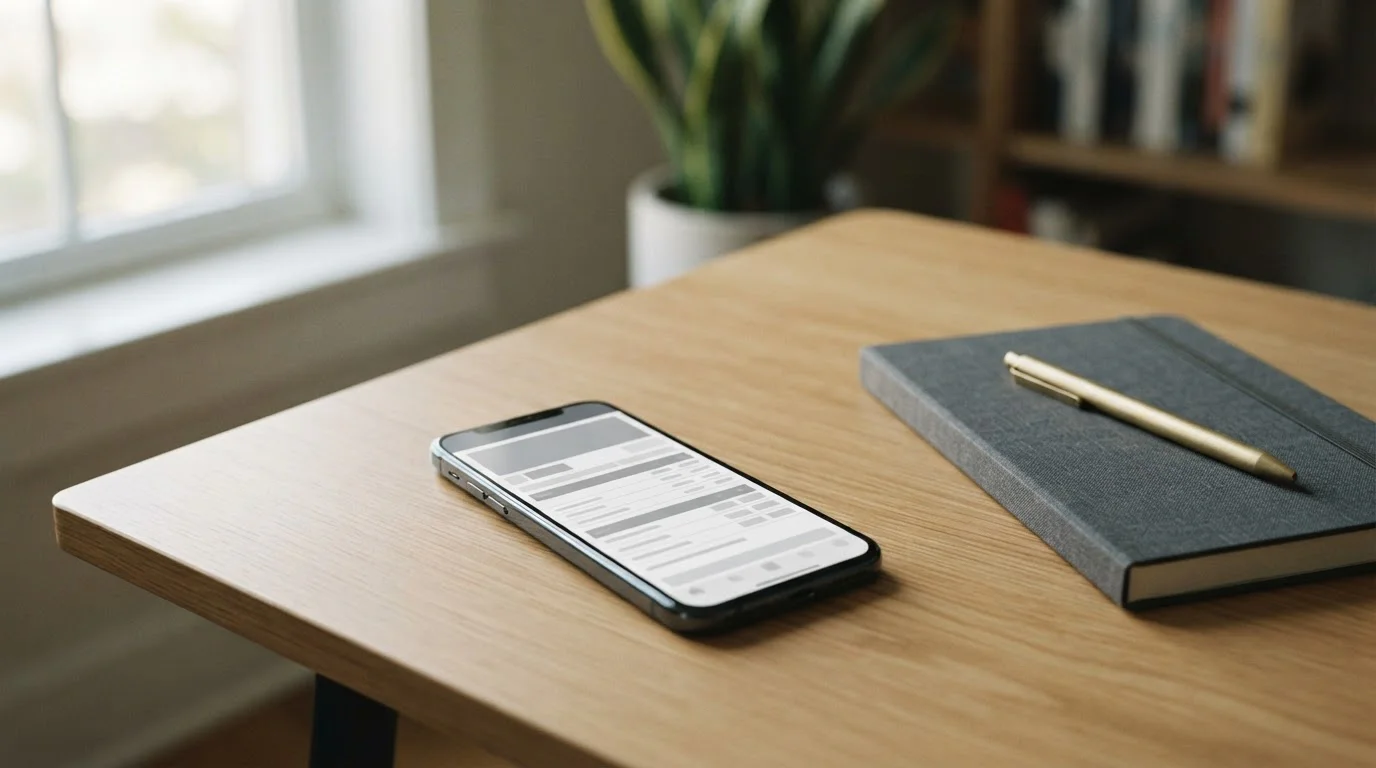 Smartphone mit neutraler Wett-App-Oberfläche auf Schreibtisch neben Notizblock und Stift