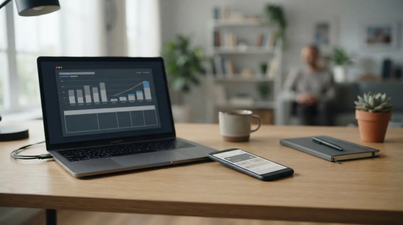 Smartphone mit neutraler Zahlungs-App neben Laptop auf aufgeräumtem Schreibtisch