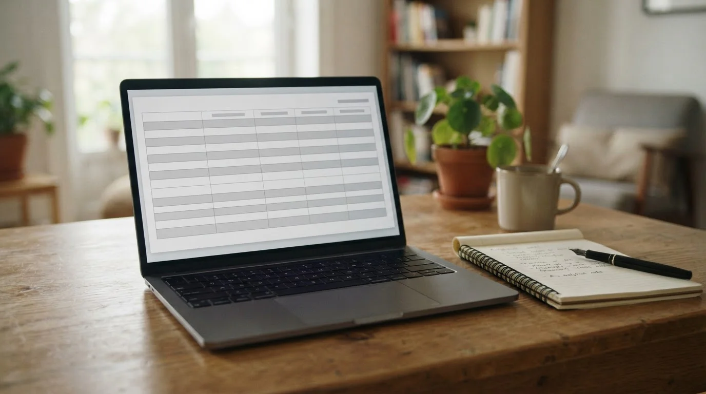 Ein Laptop zeigt eine neutrale Vergleichstabelle von Wettanbietern, umgeben von einem Notizblock und Stift