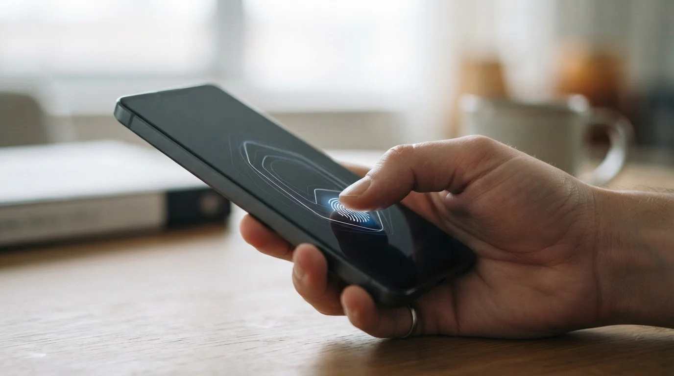 Hand authentifiziert sich per Fingerabdruck auf einem Smartphone-Display