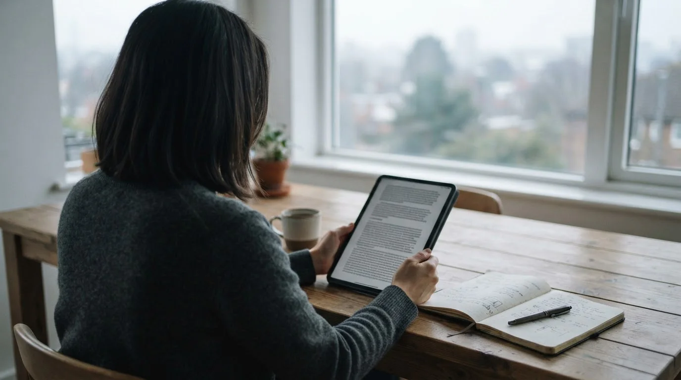 Person liest Bonusbedingungen auf einem Tablet-Bildschirm