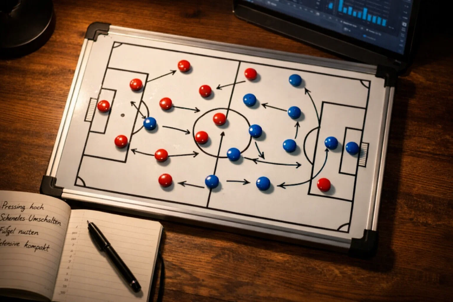 Taktiktafel mit Champions-League-Aufstellungen und Analysedaten