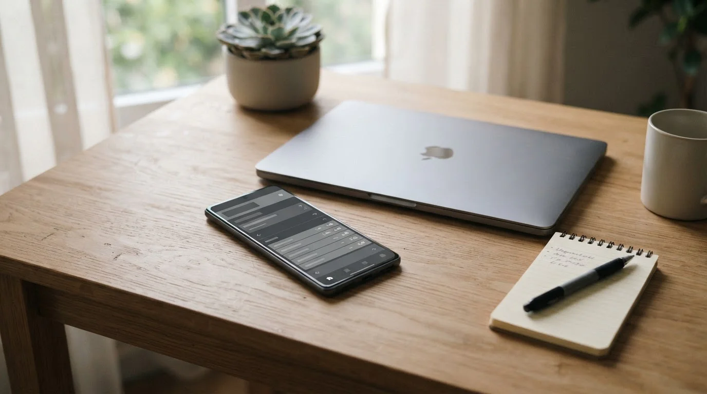 Smartphone mit Wett-App auf neutralem Schreibtisch neben Laptop und Notizen