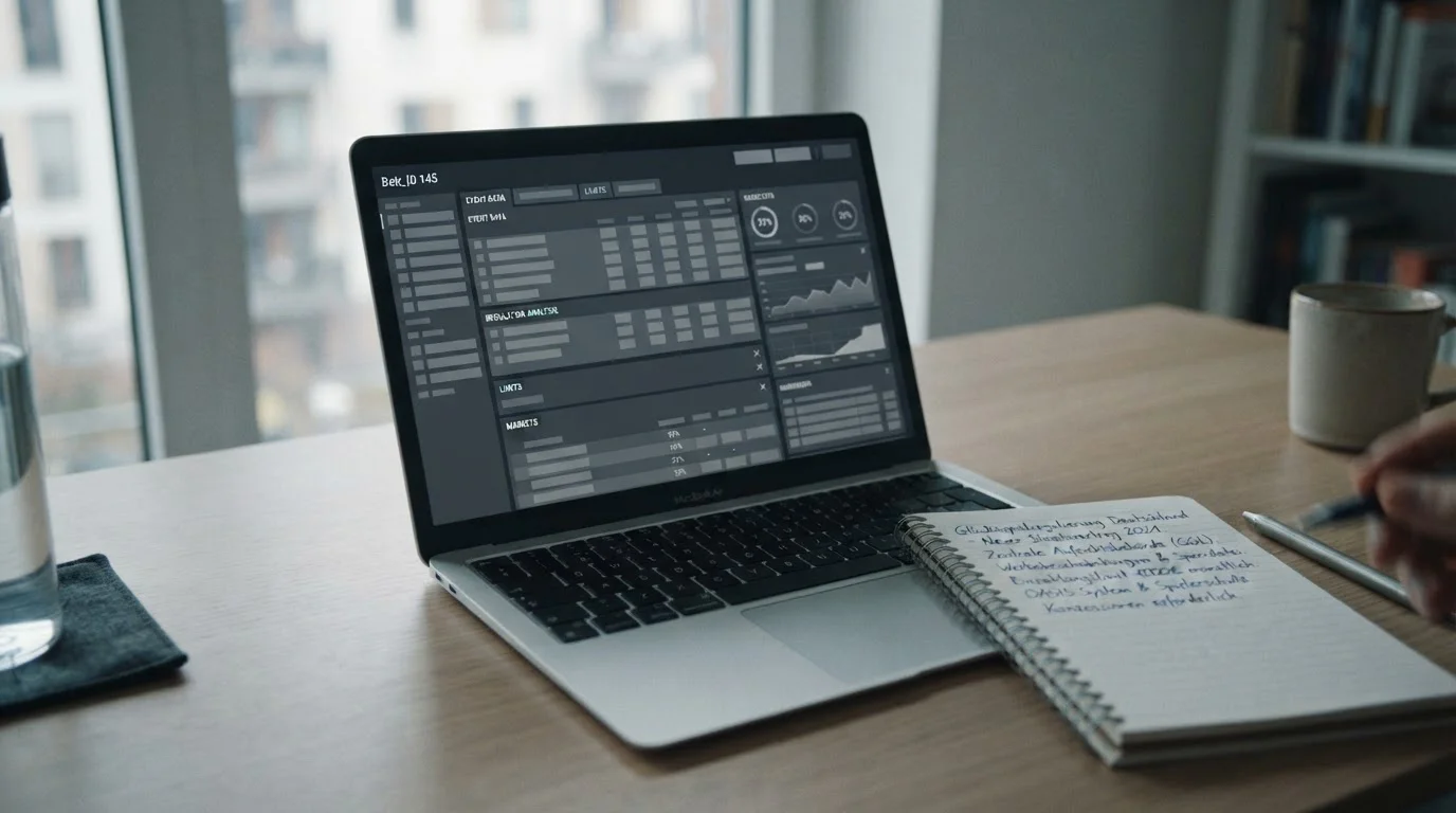 Laptop mit neutraler Wettplattform-Oberfläche neben Notizen über deutsche Glücksspiel-Regulierung