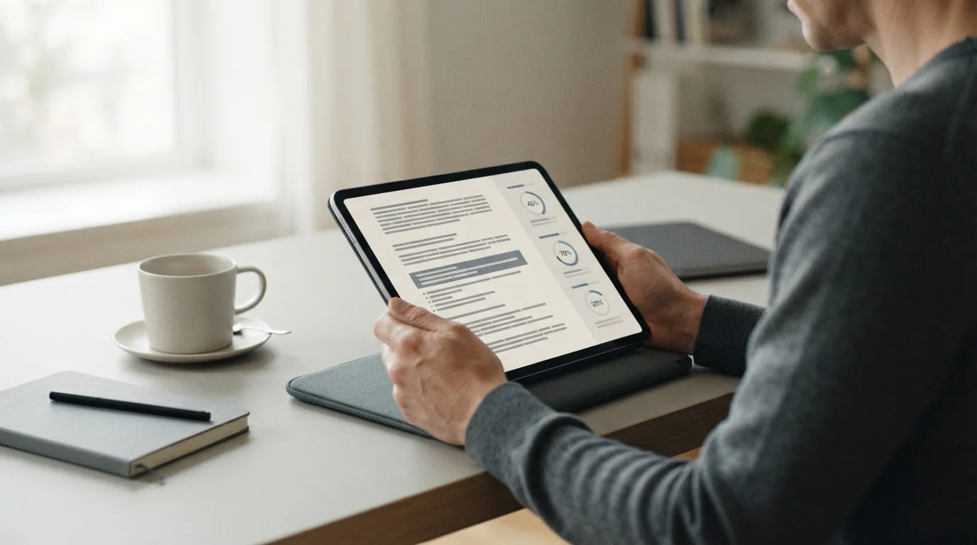 Person liest Bonusbedingungen und Steuerregelungen auf Tablet