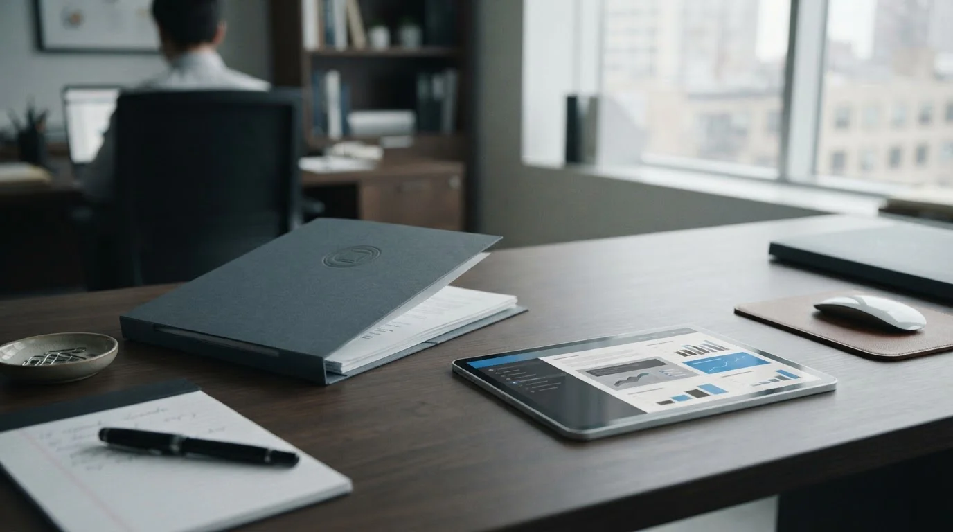 Offizielle Dokumente und Tablet auf Schreibtisch symbolisieren rechtliche Rahmenbedingungen
