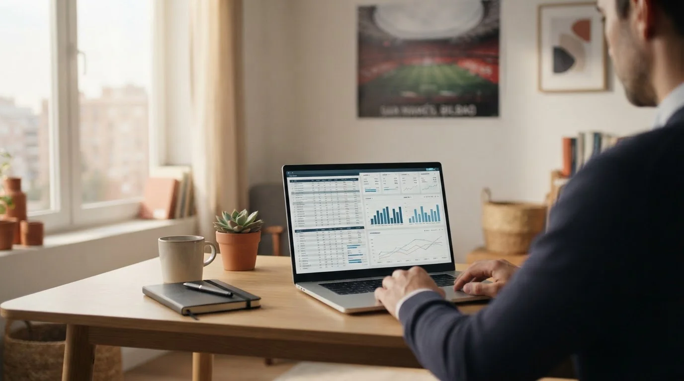 Analyse von La Liga Wettquoten auf einem Laptop mit spanischem Fußballstadion im Hintergrund