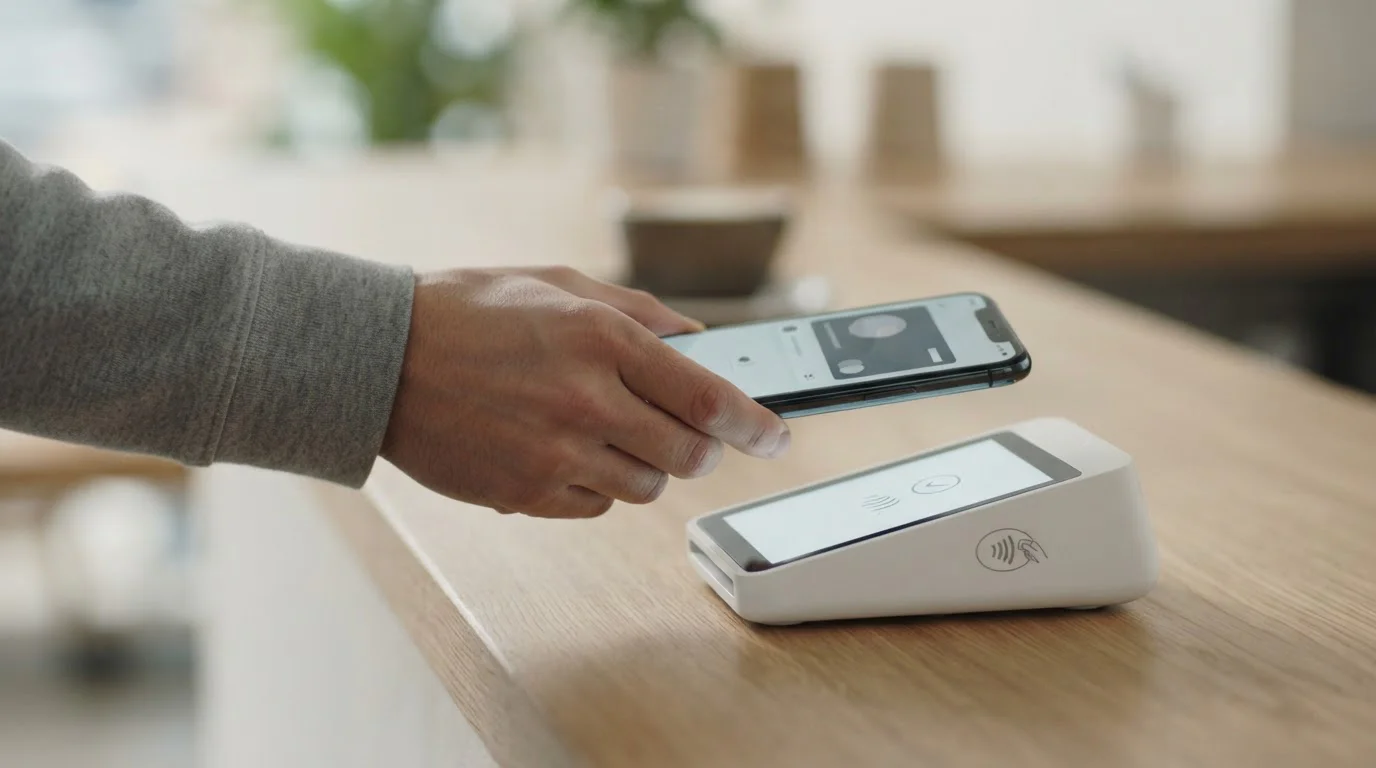 Hand hält Smartphone in Zahlungsposition über kontaktlosem Terminal