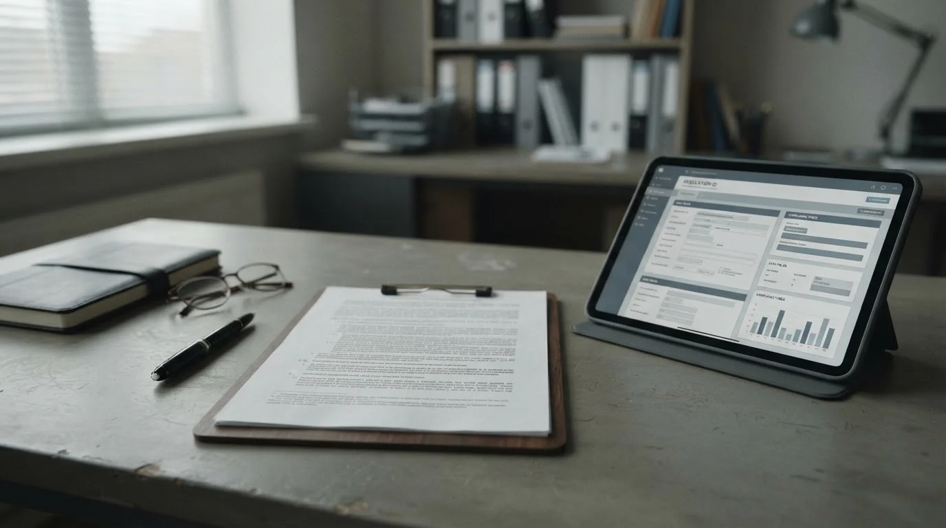 Dokument mit Gesetzestext und Tablet zeigen regulatorische Anforderungen