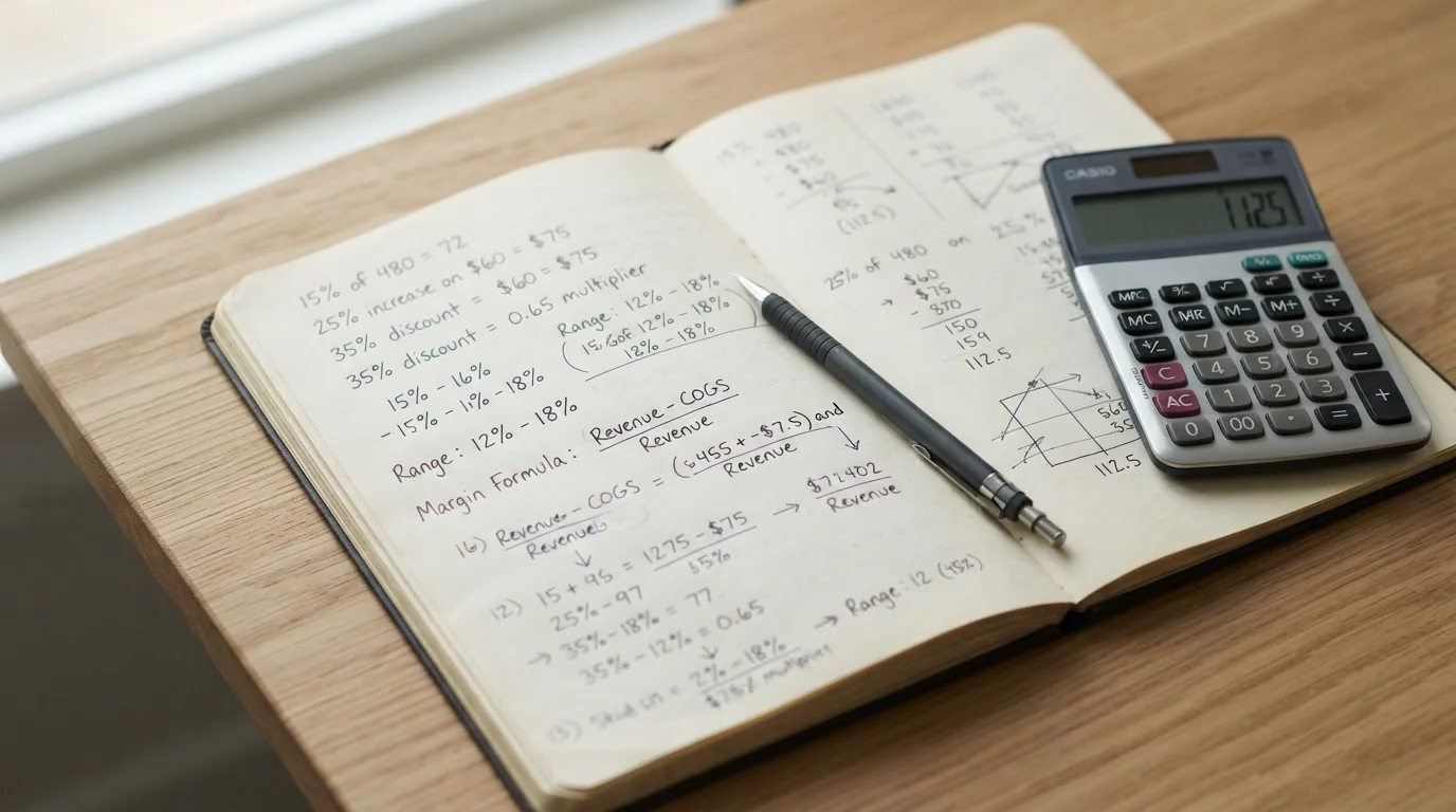 Handschriftliche Margenberechnung mit Prozentsätzen und Taschenrechner auf Schreibtisch