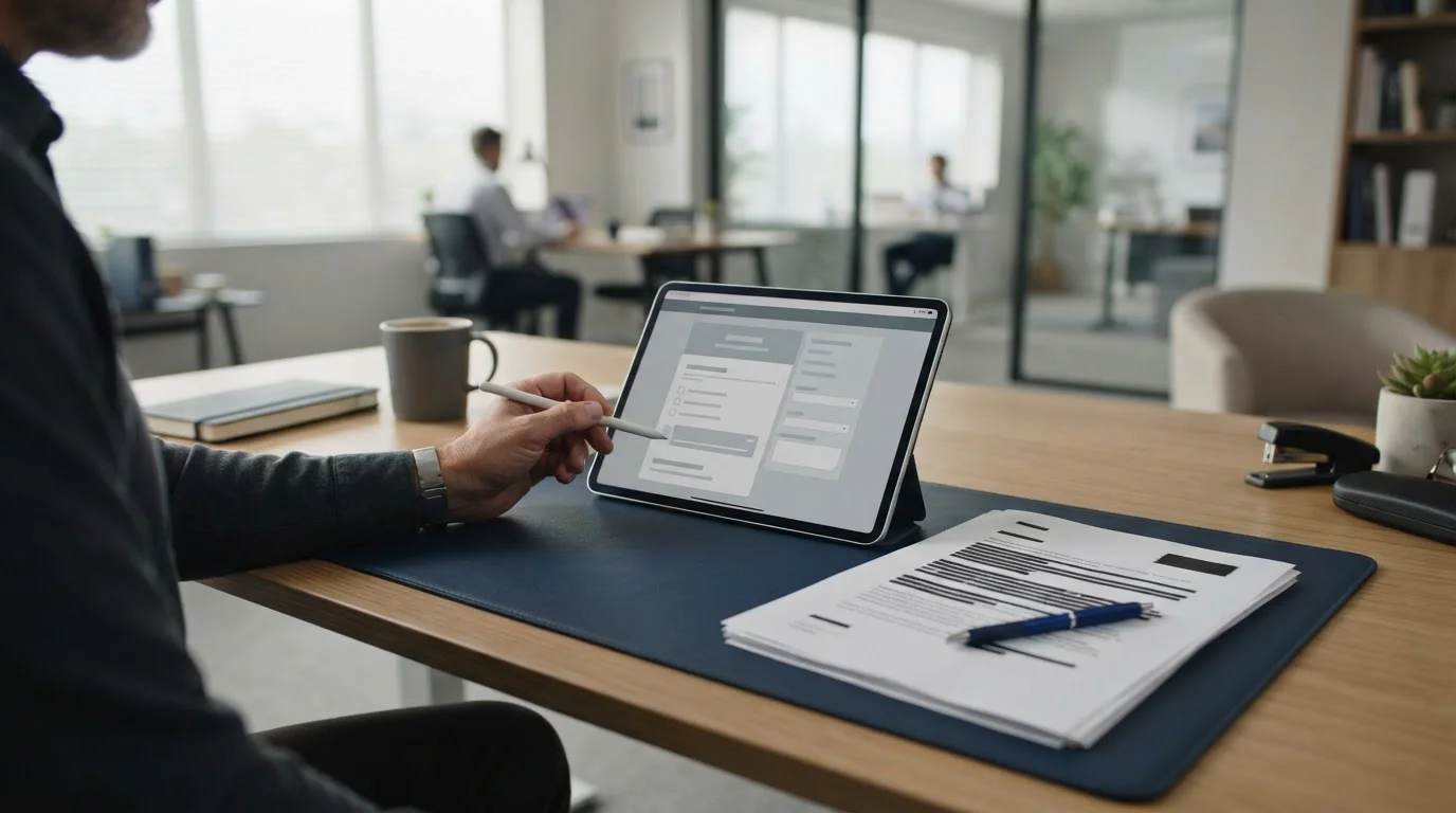 Offizielle Dokumente und Tablet mit Regulierungs-Interface auf Schreibtisch