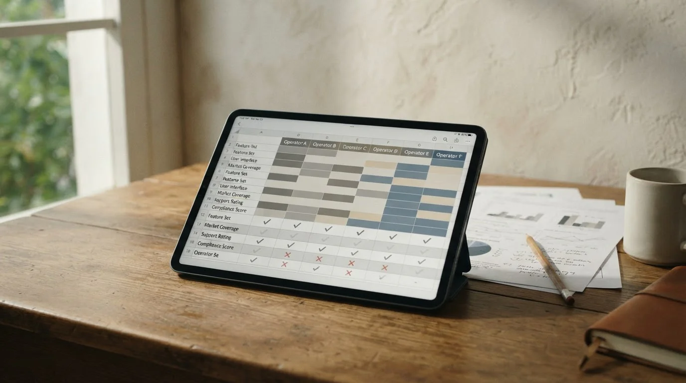 Vergleichstabelle verschiedener Wettanbieter mit Bewertungskriterien auf Tablet