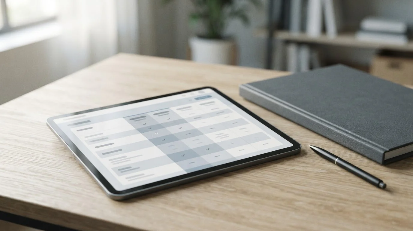 Dokumentenordner und Tablet mit strukturierter Liste auf neutralem Hintergrund